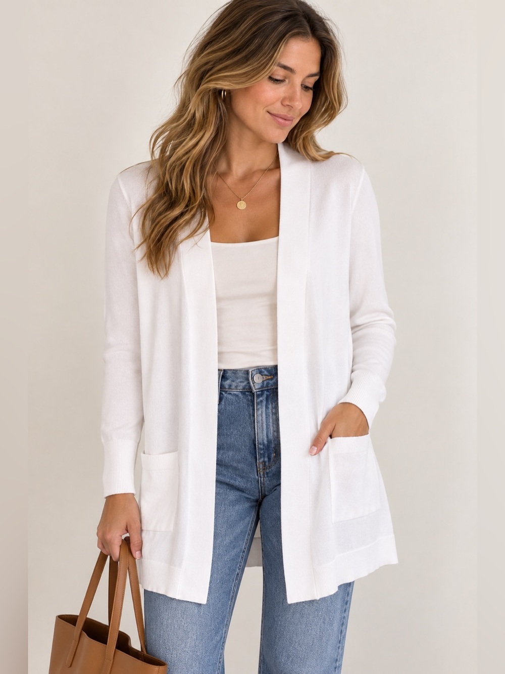 White Longline Cardigan Coastal Preppy Quiet Luxury Karen Scott M